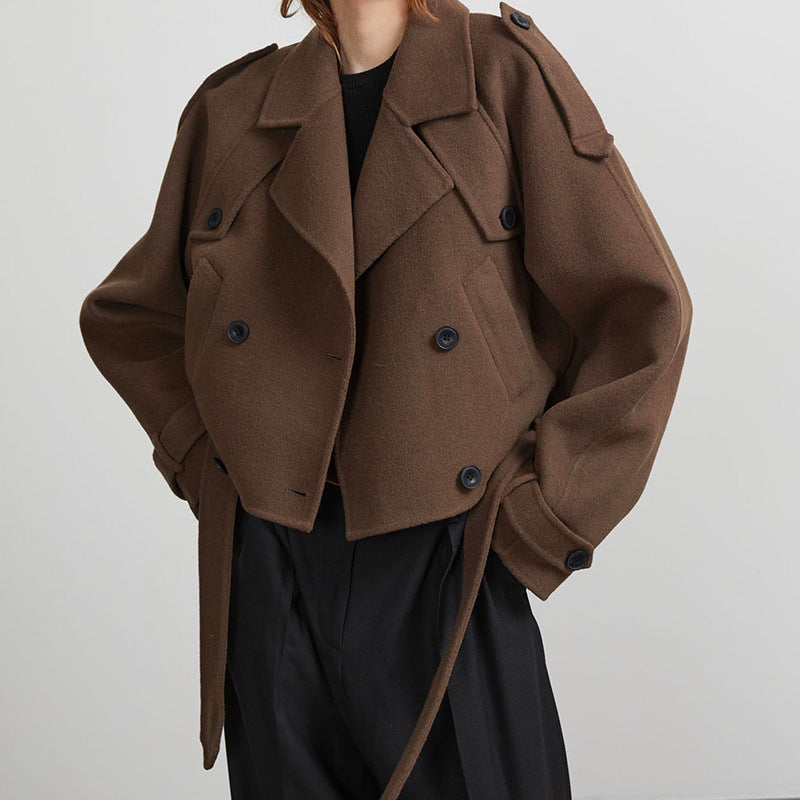 Women's Cropped Trench Jacket with Adjustable Belt and Double-Breasted Design