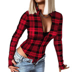 Women's Bodysuit with Stand-Up Collar and Fashionable Plaid Pattern