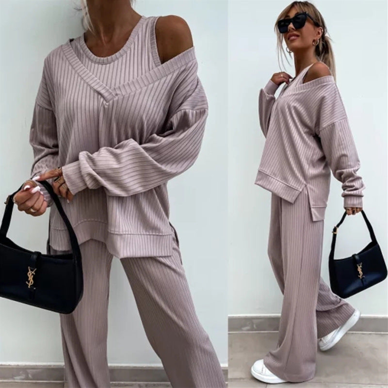 Women's Casual Relaxed-Fit Lounge Set with Wide Cut and Ribbed Design