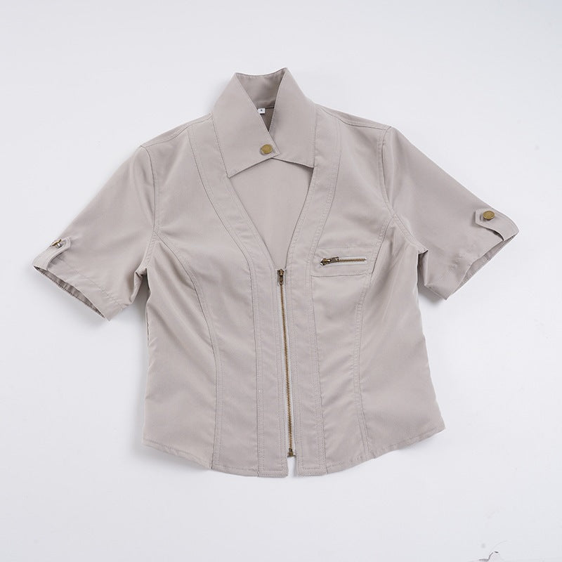 Women's Short-Sleeve Blouse with Refined Collar and Zipper