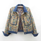 Women's Floral Denim Jacket with Patch Pockets and Collar