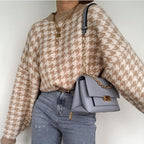 Women's Cozy Houndstooth Knit Sweater with Wide Sleeves
