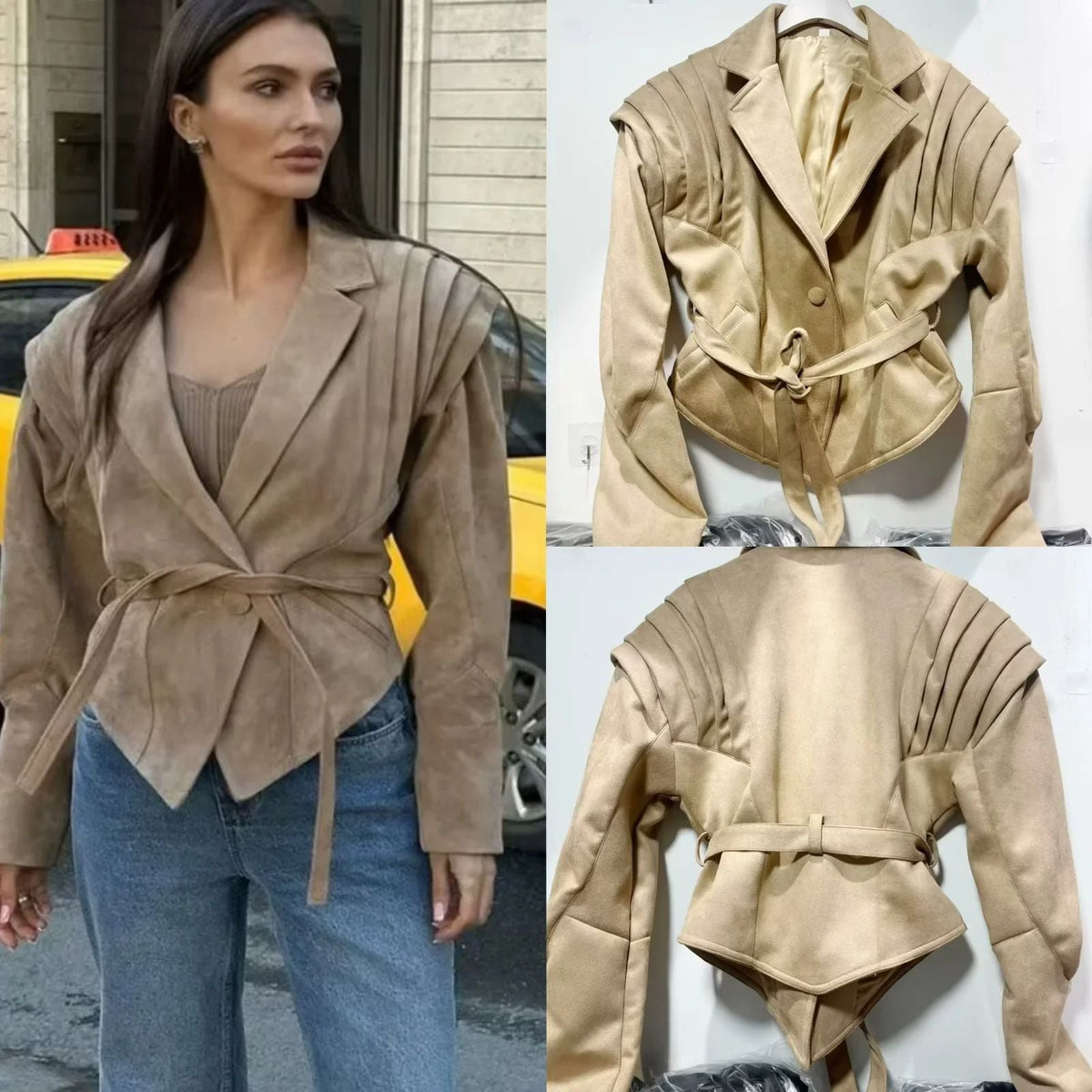Women's Elegant Faux Leather Jacket with Ruffle Details