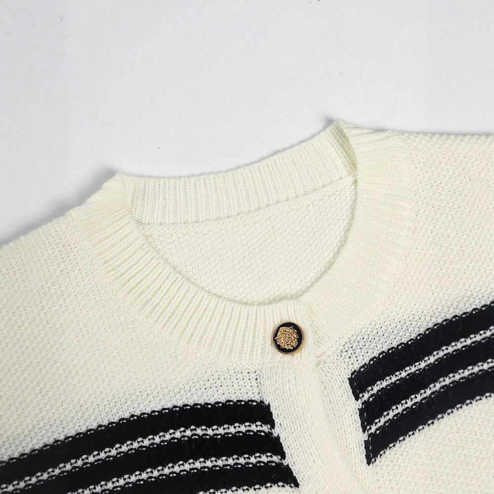 Women's Sleeveless Cardigan with Button Placket and Stripes