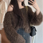Women's Fluffy Off-Shoulder Long Sleeve Pullover