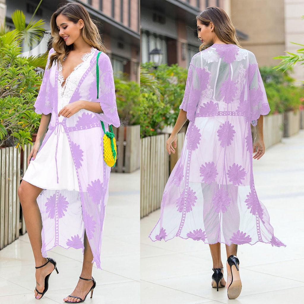 Women's Elegant Crochet Beach Robe with Floral Details and Deep V-Neck