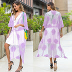 Women's Elegant Crochet Beach Robe with Floral Details and Deep V-Neck