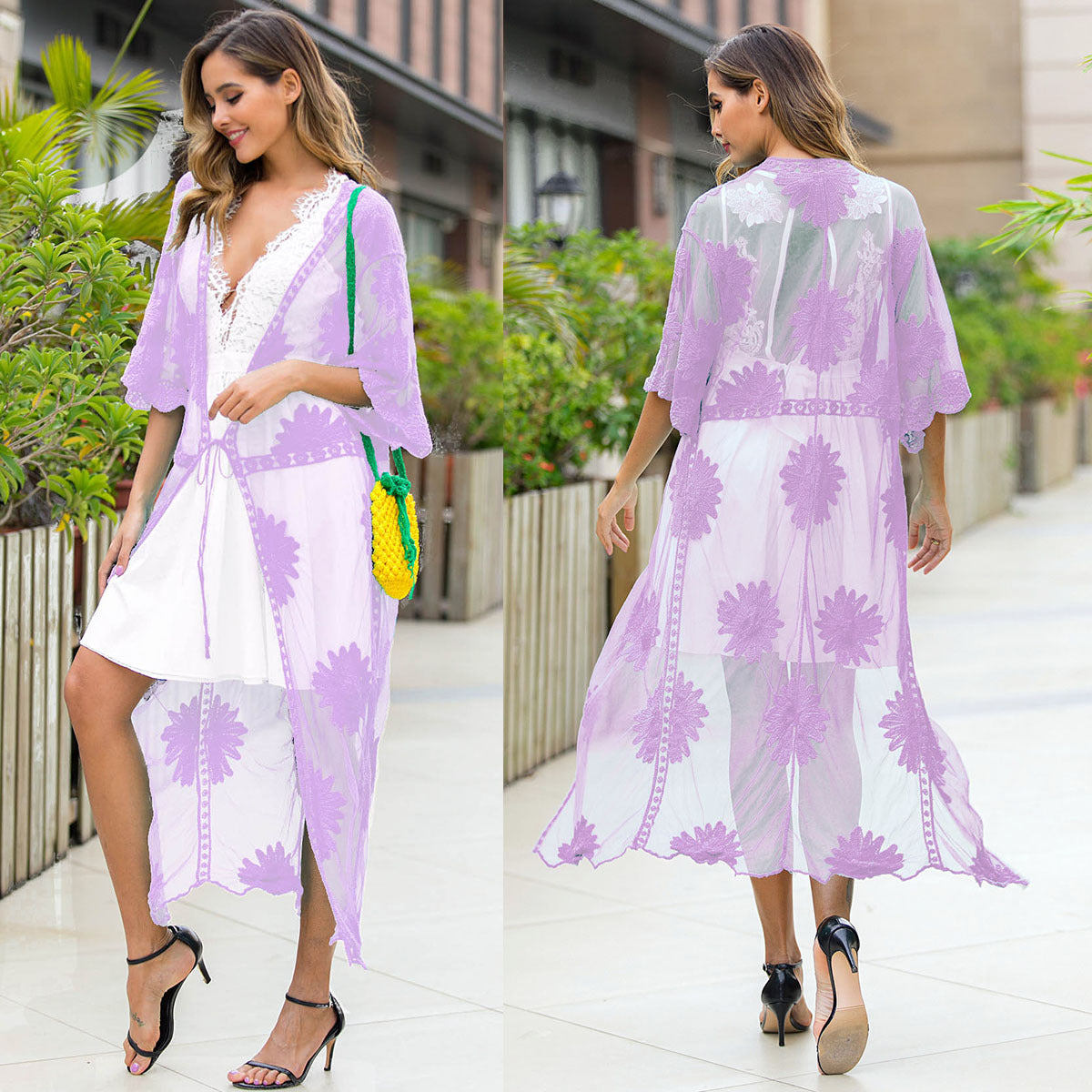 Women's Elegant Crochet Beach Robe with Floral Details and Deep V-Neck