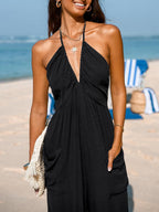 Casual Women's Jumpsuit with Deep Neckline and Pockets