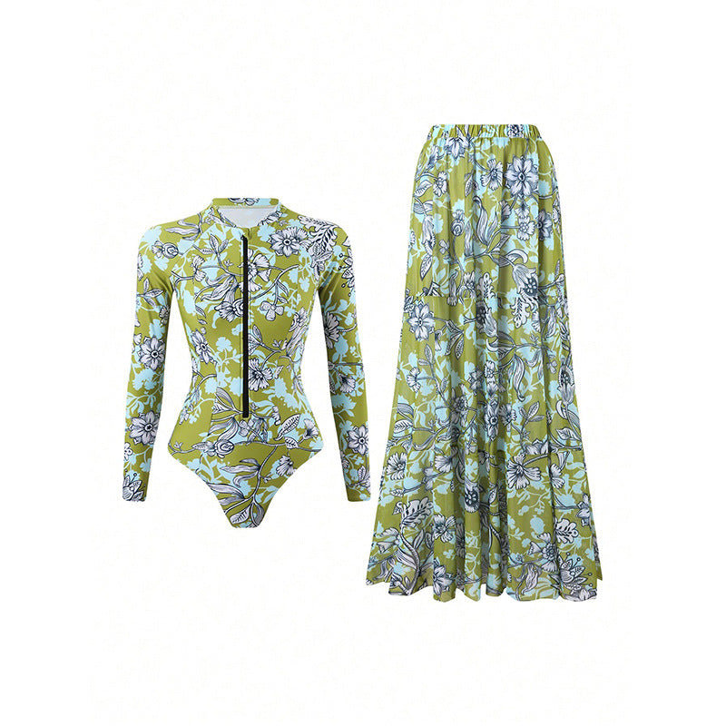 Women's Floral Swimwear Set with Cover-Up Skirt