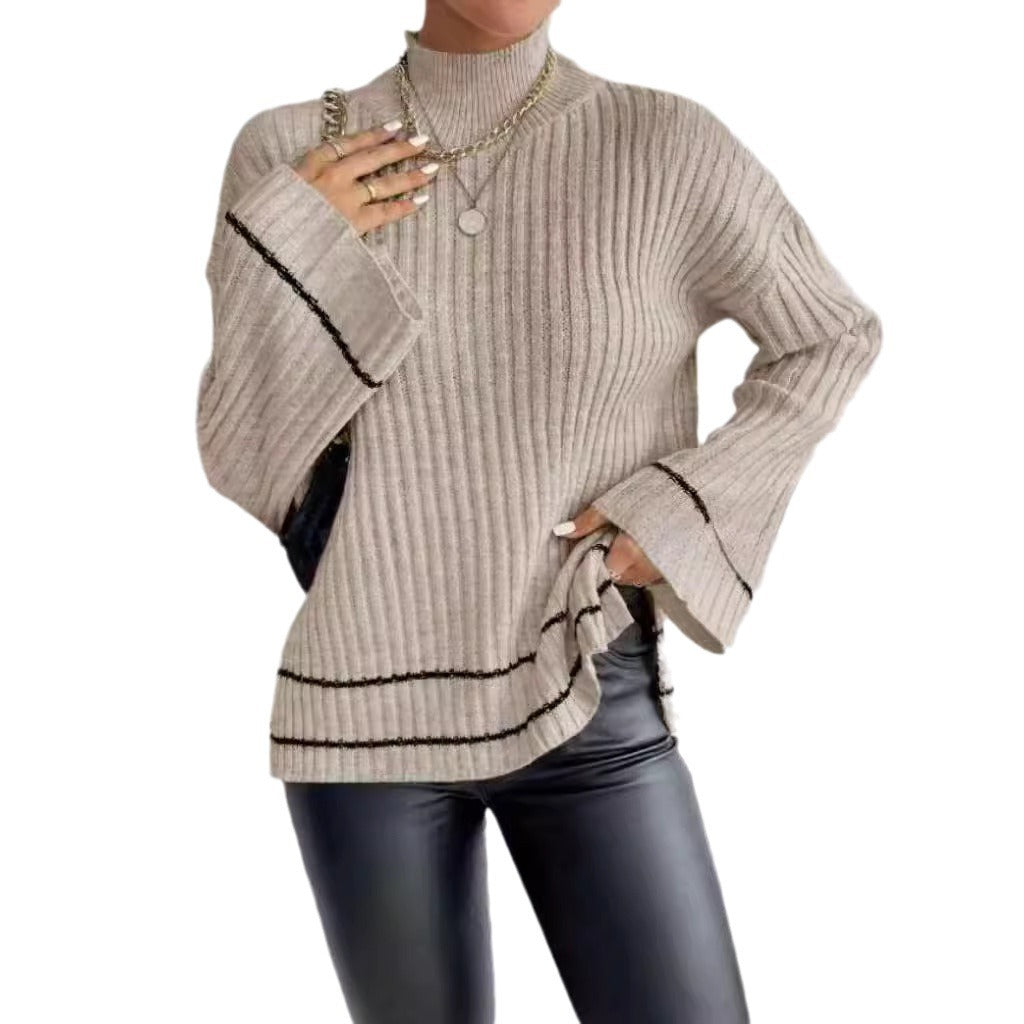 Women's Elegant Knit Sweater with High Collar and Wide Cuffs