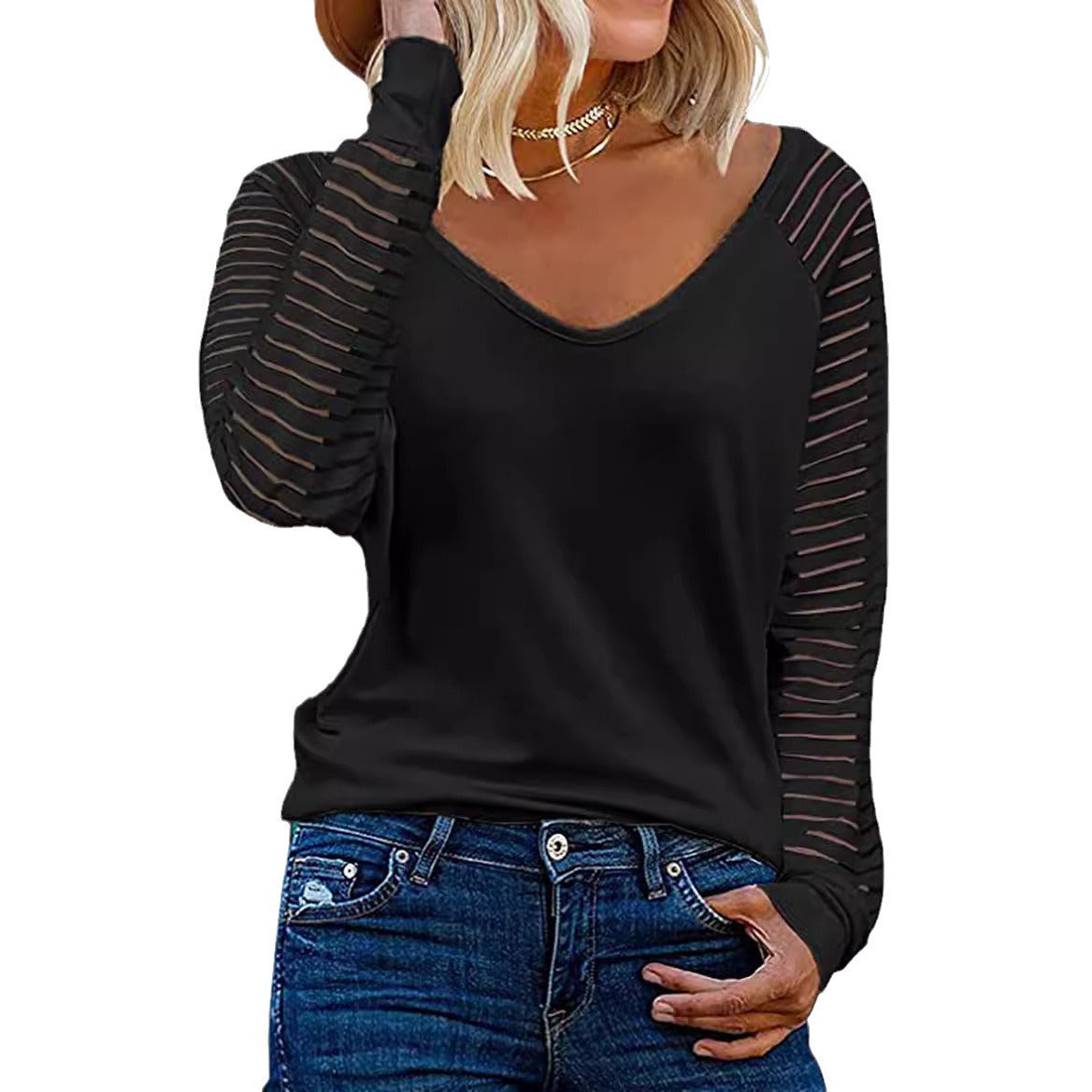 Women's Long-Sleeve V-Neck Shirt with Striped Sleeves