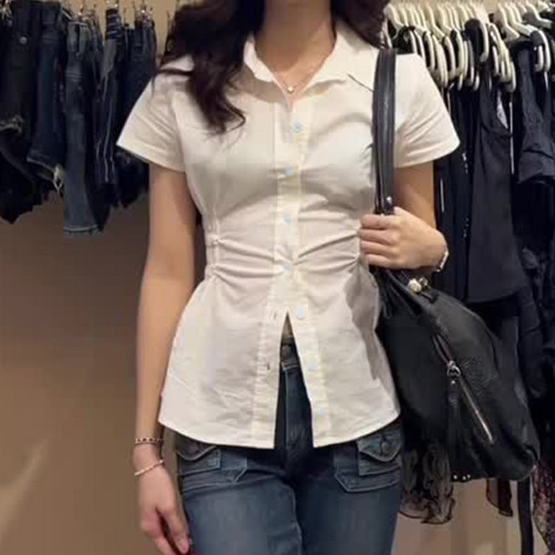 Women's Form-Fitting Short Sleeve Blouse with Ruching and Button Details