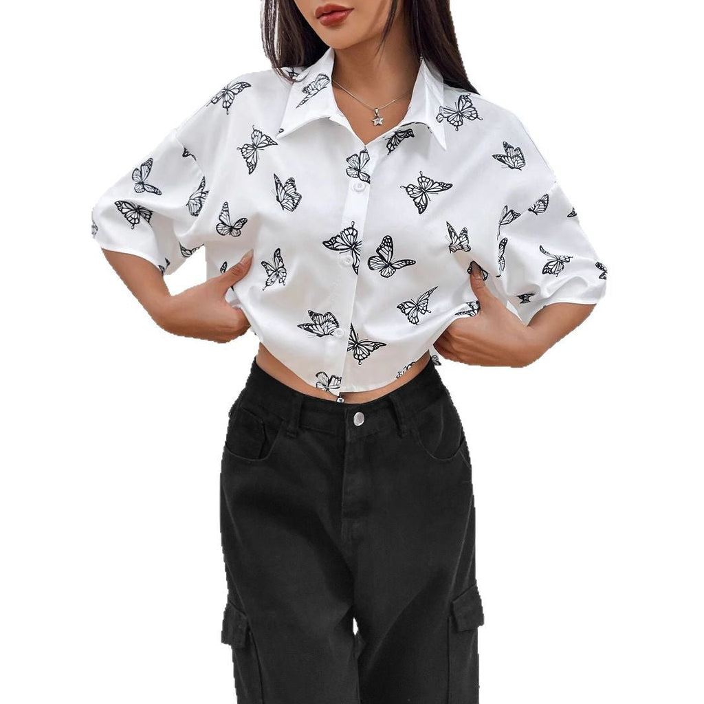 Women's Short Sleeve Shirt with Butterfly Print