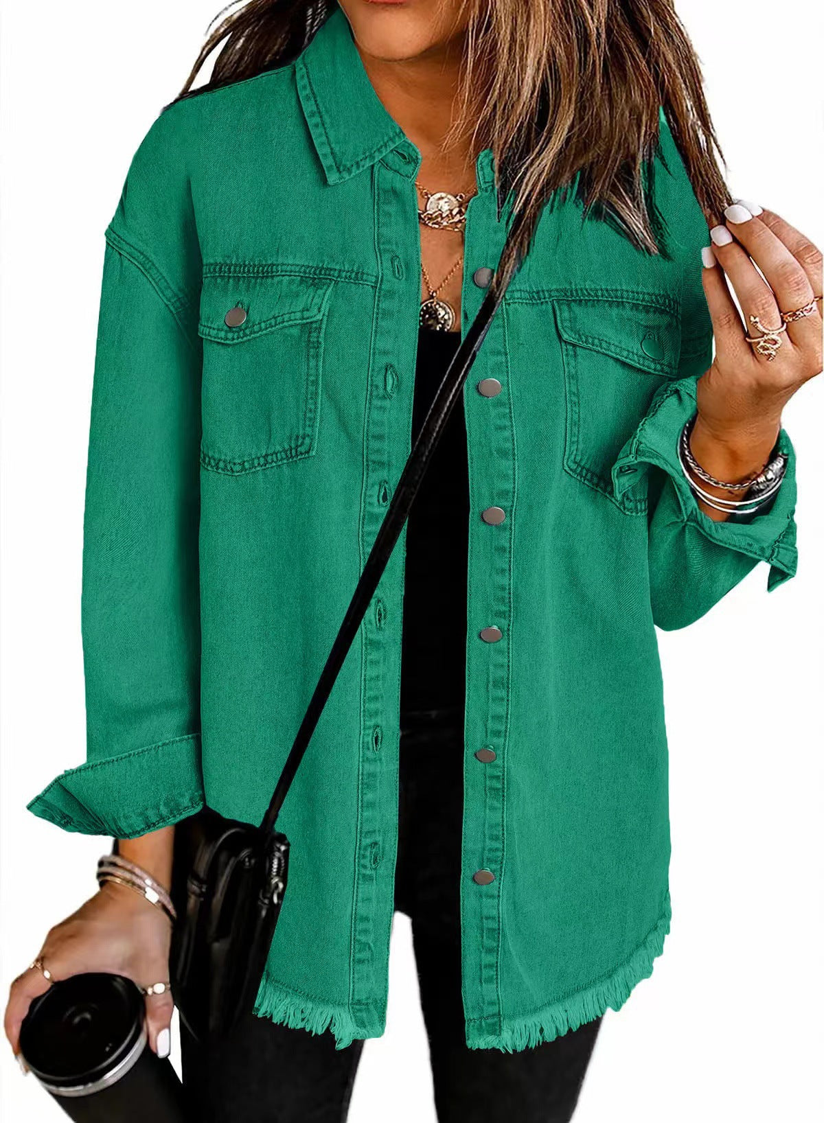 Casual Denim Shirt with Frayed Hems and Chest Pockets