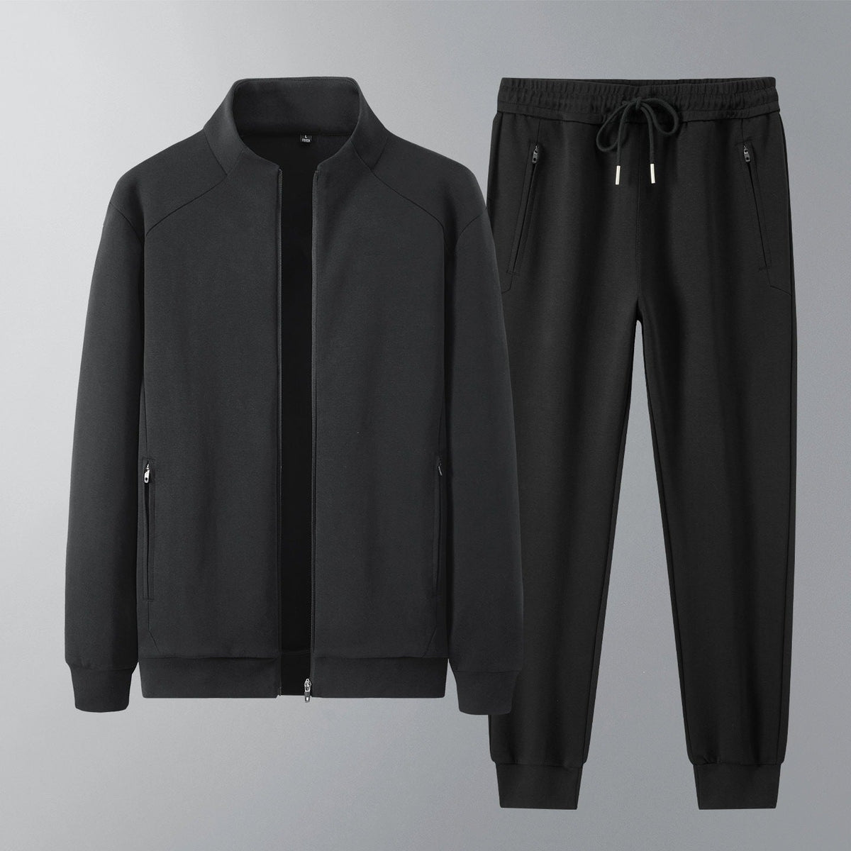 Men's two-piece minimalist jogging set with stand-up collar, two-way zipper & zip pockets
