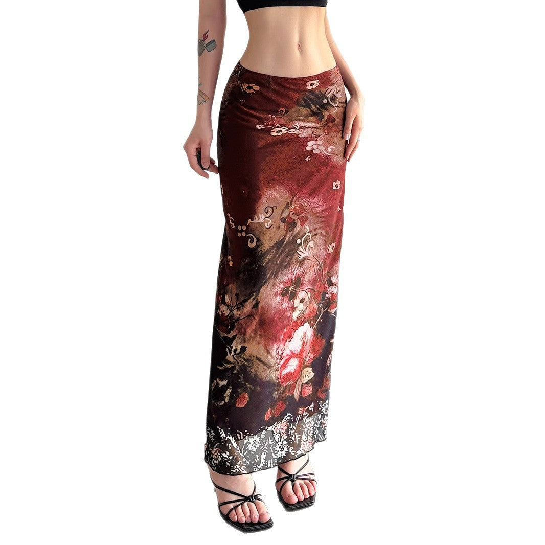 Women's Long Satin-Chiffon Maxi Skirt with Floral Watercolor Print