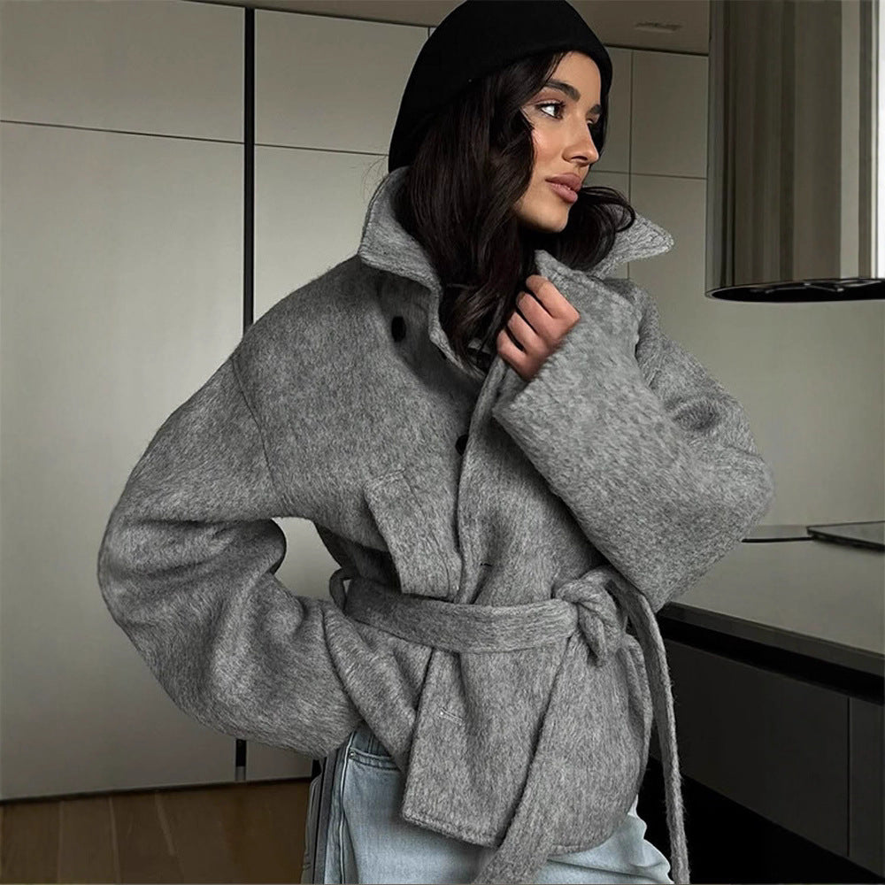 Women's Elegant Oversized Wool Jacket with Belt
