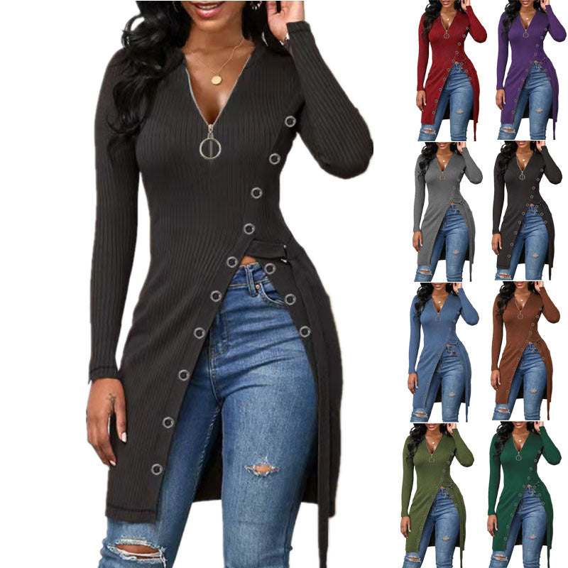Women's Form-Fitting Wrap Shirt with Button Details and Deep V-Neck