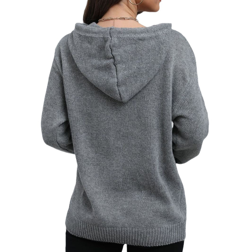 Women's Fashionable Knit Coat with Hood and Decorative Button Details