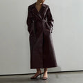 Women's Elegant Faux Leather Trench Coat with Belt and Pockets