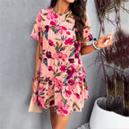 Women's Floral Casual Dress with Ruffled Hem and Short Sleeves