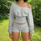 Asymmetrical One-Shoulder Lounge Set with Crop Top and Cuffed Shorts