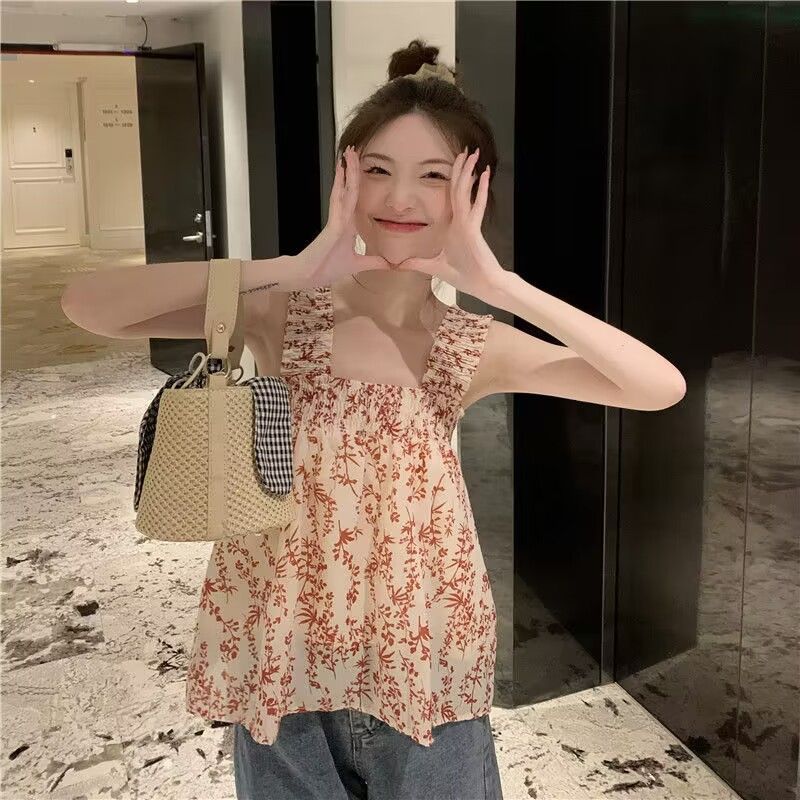 Women's Blouse Top with Floral Pattern and Elasticated Bodice
