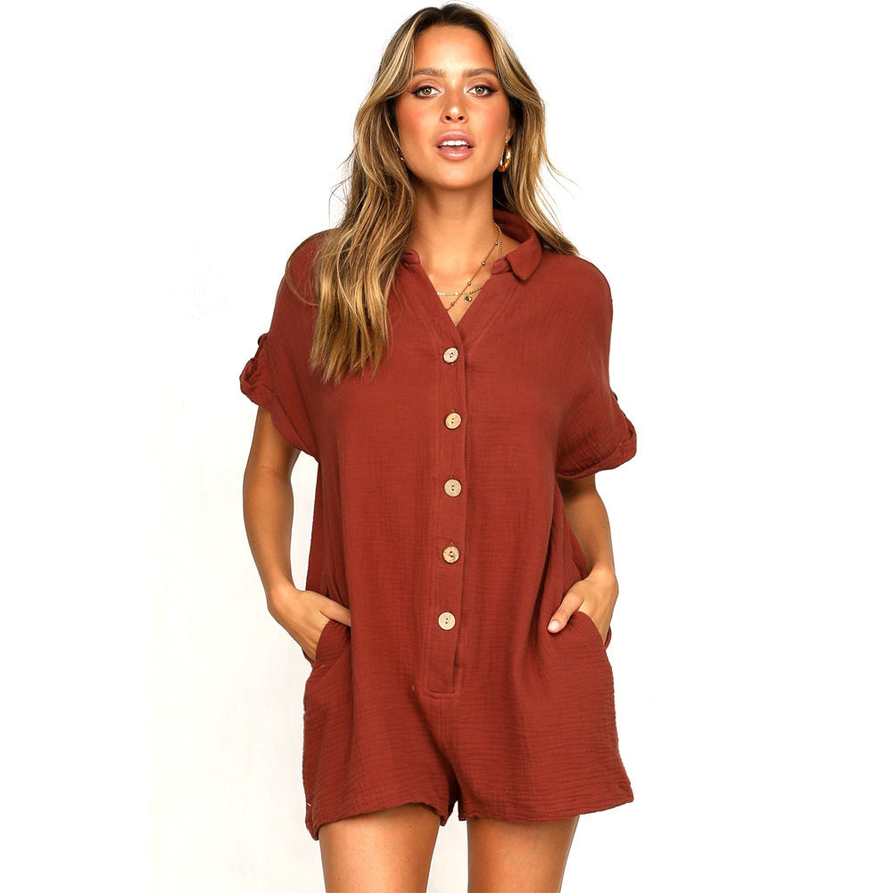 Women's Jumpsuit with Rolled Sleeves and Button Placket