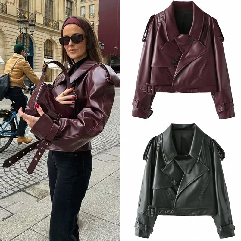Women's Cool Cropped Faux Leather Jacket with Asymmetrical Collar