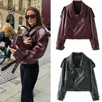 Women's Cool Cropped Faux Leather Jacket with Asymmetrical Collar