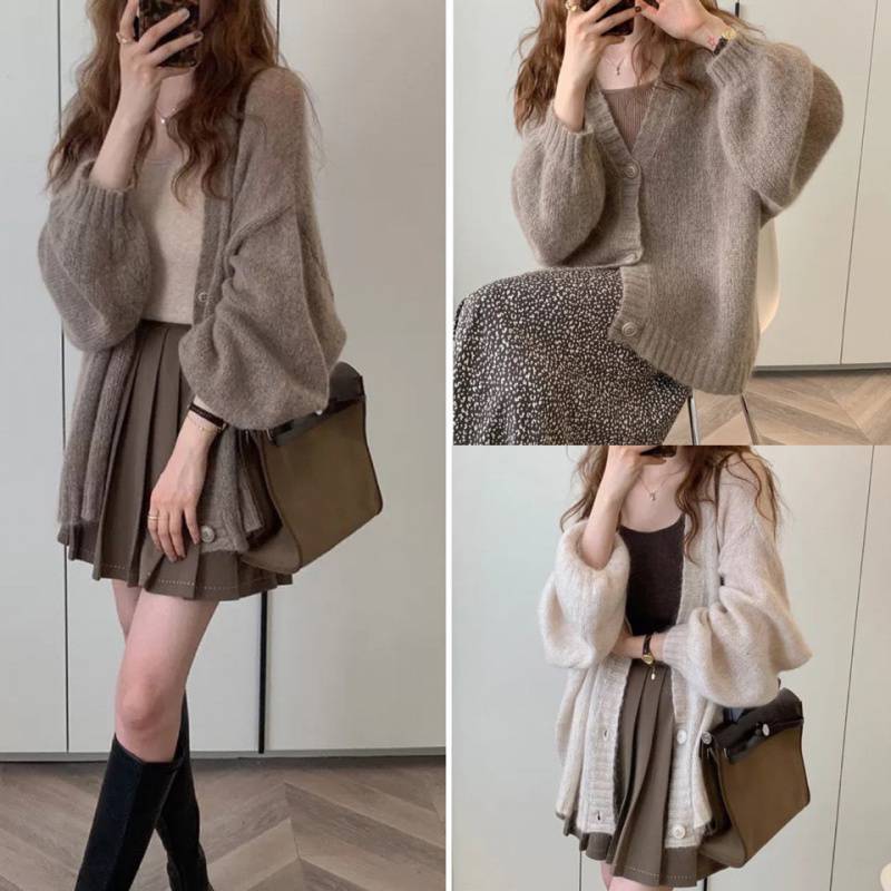 Women's Fluffy Knit Cardigan with Voluminous Sleeves and Button Details