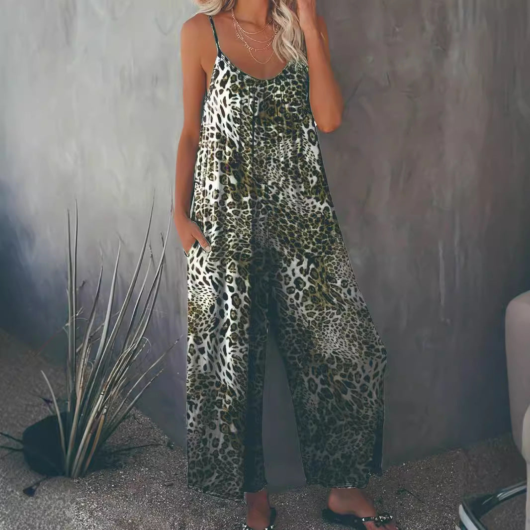 Women's Loose Jumpsuit with Animal Print and Pockets