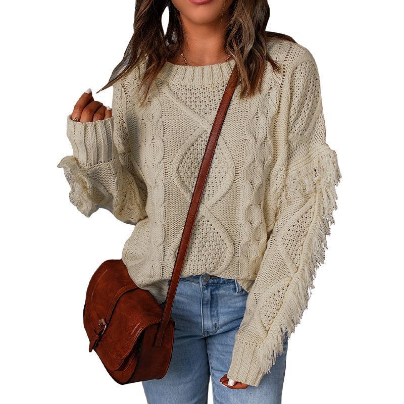 Women's Chunky Knit Sweater with Dropped Shoulders and Elastic Cuffs