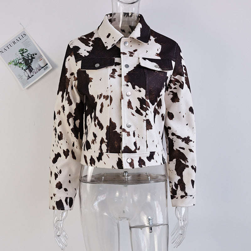 Women's Casual Cow-Print Denim Jacket