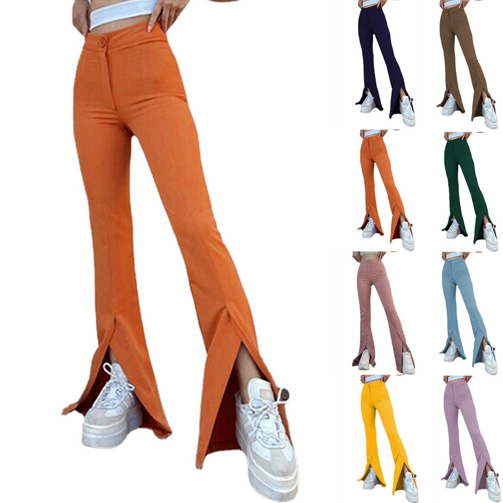 Women's Flared Trousers with Side Slits and High Waist