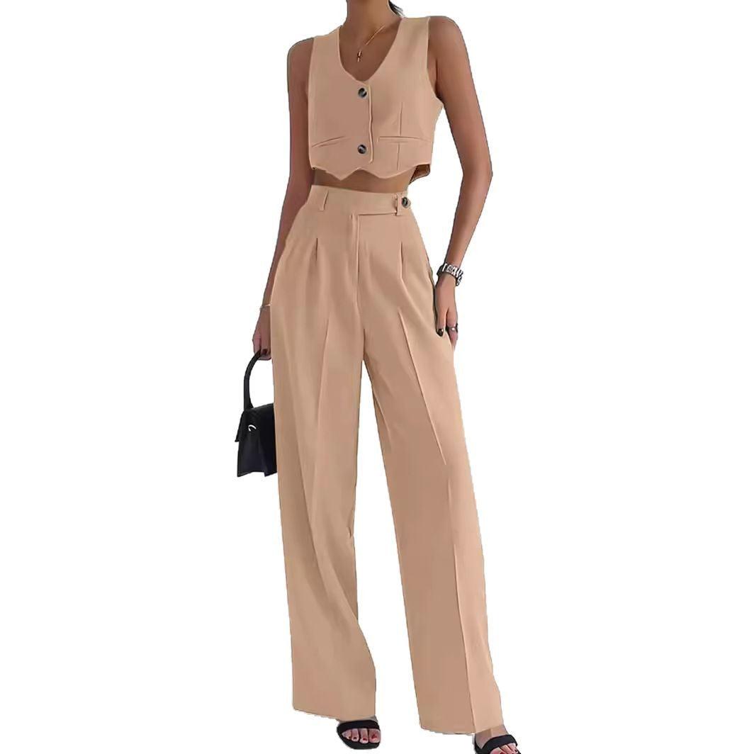 Women's Fashionable Two-Piece Set with Sleeveless Top and Wide-Leg Pants