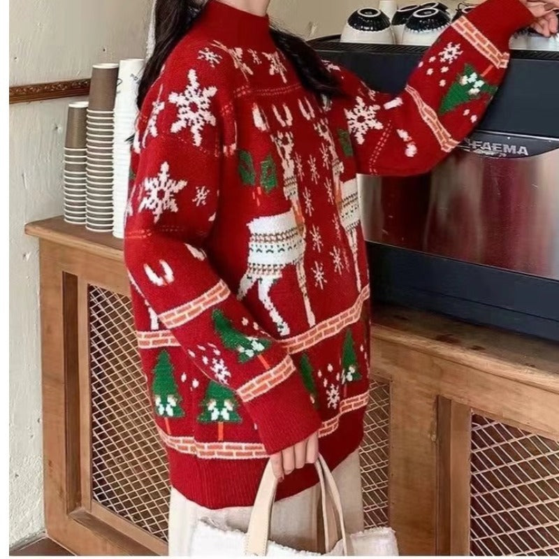 Women's Festive Winter Sweater with Holiday Motifs