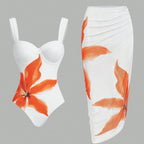 Women's Swimsuit with Elegant Floral Design and Matching Wrap Skirt