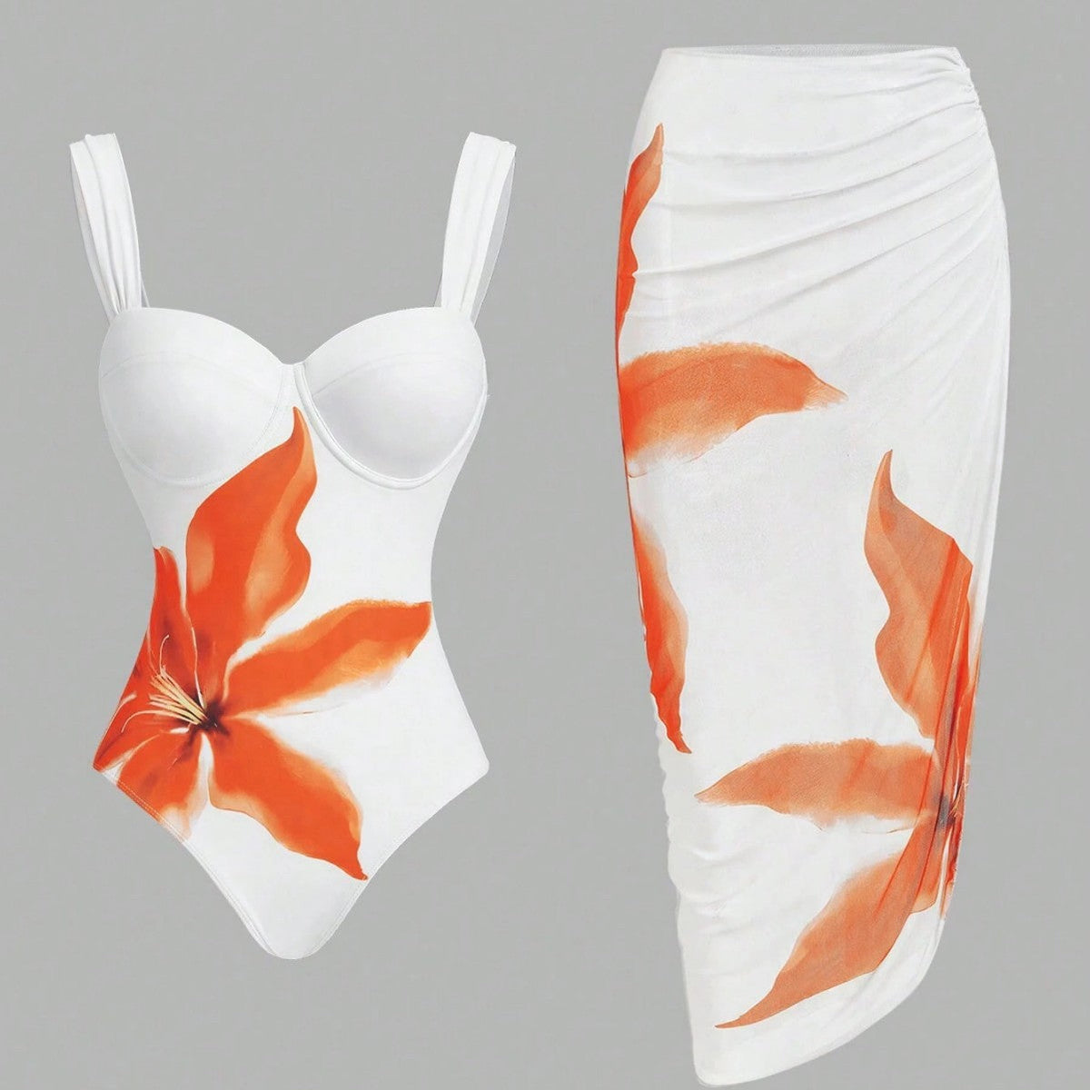 Women's Swimsuit with Elegant Floral Design and Matching Wrap Skirt