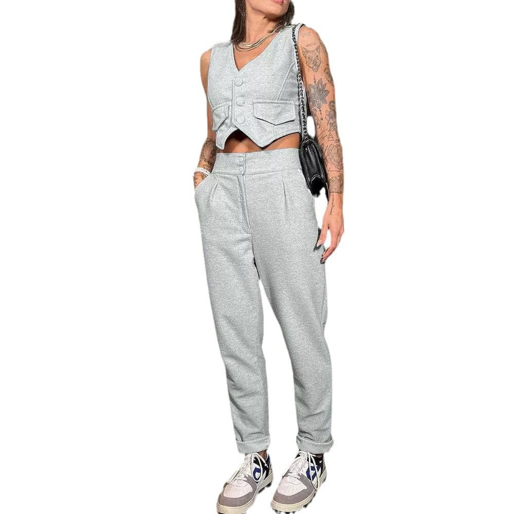 Women's Fashionable Two-Piece Set with Button Plackets and High Waist