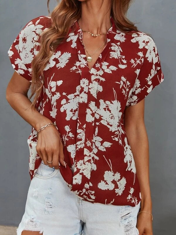 Casual Women's Floral Blouse with Short Button Placket