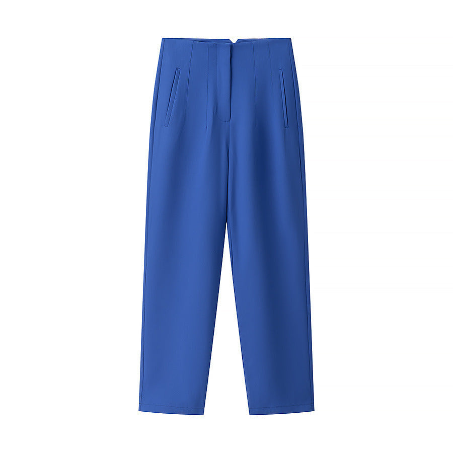 Women's Elegant High-Waisted Trousers with Fine Pleats and Pockets