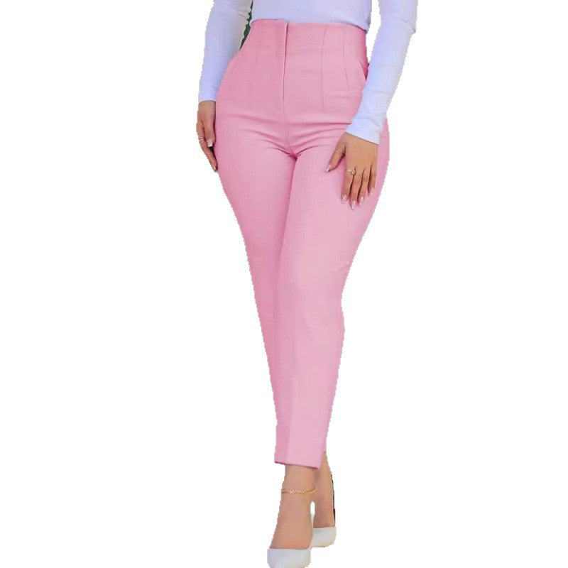 Women's High-Waisted Slimming Pants with Decorative Stitching