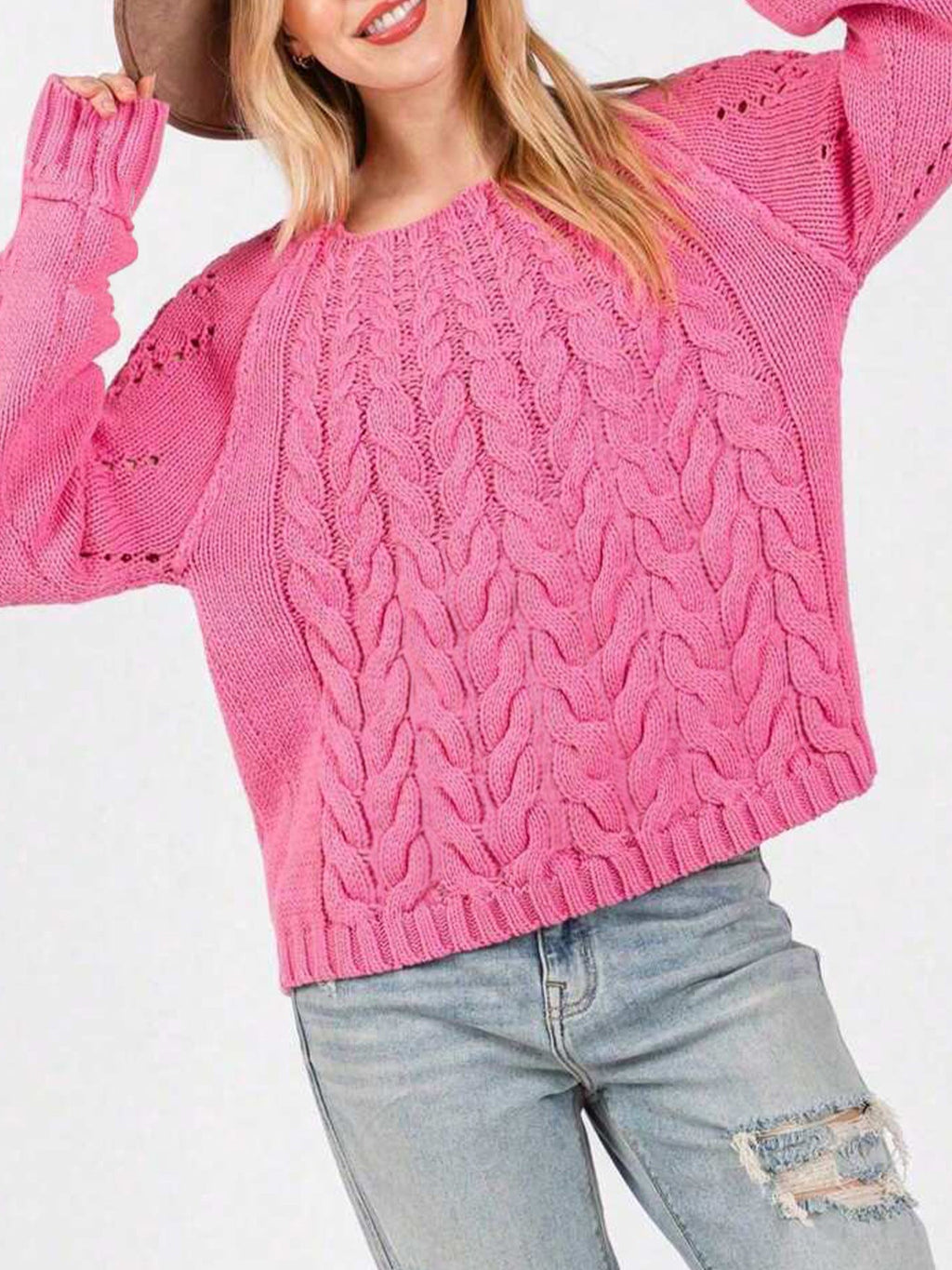 Women's Chunky Knit Sweater with Voluminous Sleeves and Fine Openwork