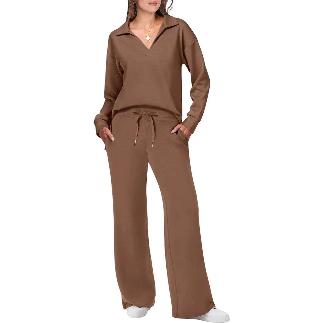 Women's Casual Lounge Set with Wide Cut and Cozy V-Neck