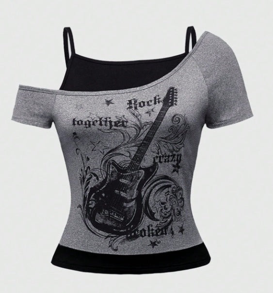 Women's Asymmetrical Rock T-Shirt with Graphic Print