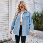 Women's Denim Overshirt with Frayed Hem and Patch Pockets