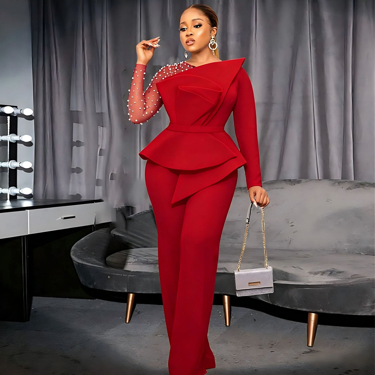Elegant Jumpsuit with Asymmetric Top and Ruffle Design