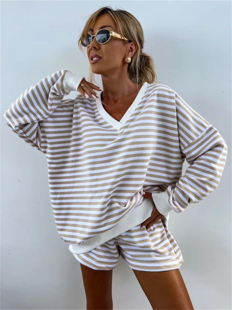 Women's Casual Short-Sleeve Set with Maritime Stripe Pattern and Elastic Waist